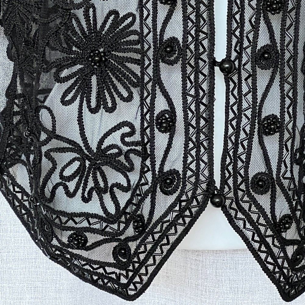 Valenti Beaded Black Lace Top Size L Deep V Neck 3 button 100% Rayon - Picture 2 of 5